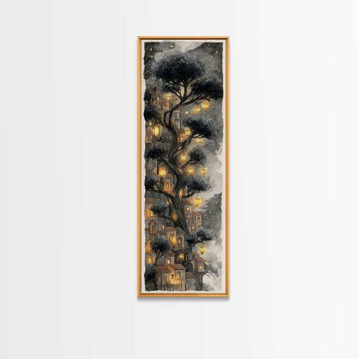 Forest Spirit with Antlers and Glowing Eyes Framed Canvas Print, Fantasy Art, Living Room Decor, Oil Painting, Mythic, FAN-1x3-24