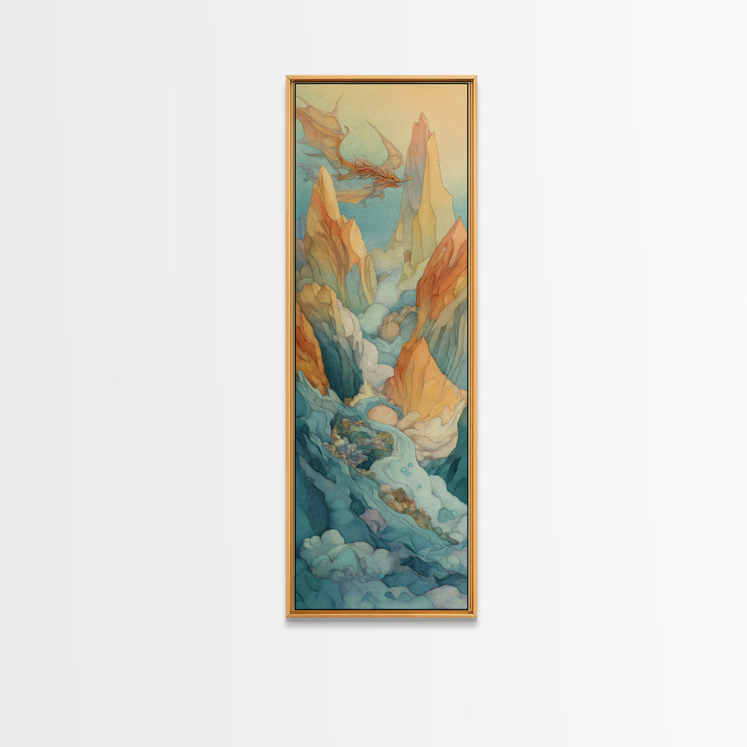Unicorn Drinking from a Silver Stream Framed Canvas Print, Fantasy Art, Boho Wall Art, Living Room Decor, Oil Painting, Mythic, FAN-1x3-76
