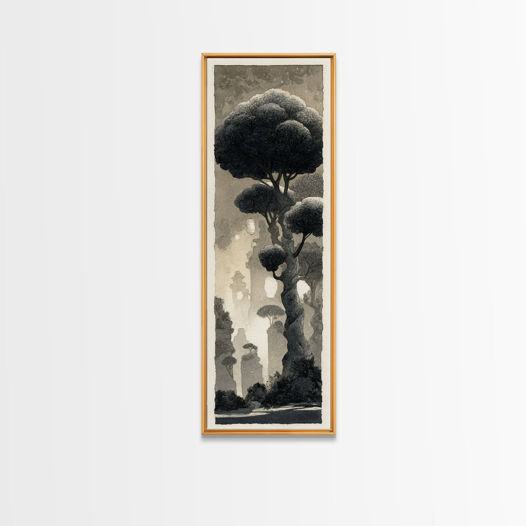 Mythic Waterfall Guarded by White Wolves Framed Canvas Print, Fantasy Art, Art Nouveau, Living Room Decor, Fine Art, Mythic, FAN-1x3-84