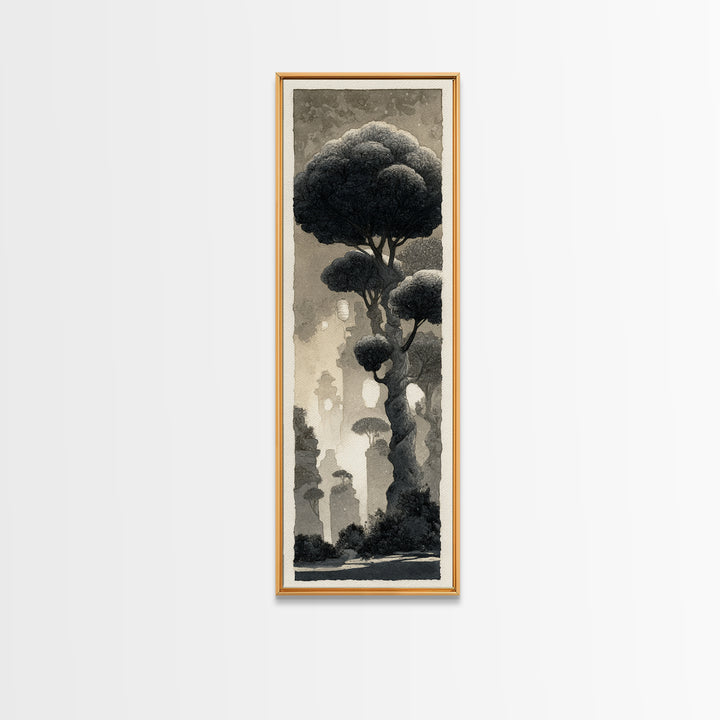Mythic Waterfall Guarded by White Wolves Framed Canvas Print, Fantasy Art, Art Nouveau, Living Room Decor, Fine Art, Mythic, FAN-1x3-84