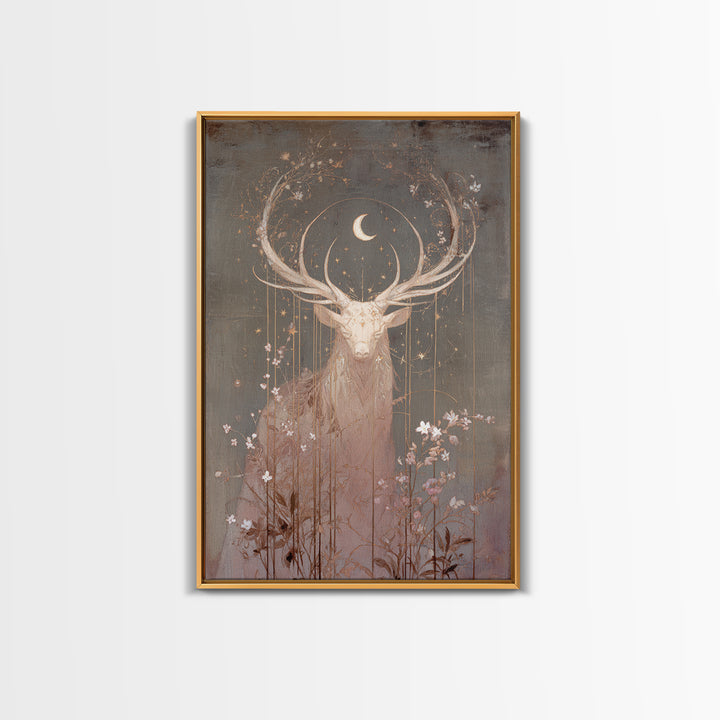 Forest Spirit with Antlers and Glowing Eyes Framed Canvas Print, Fantasy Art, Print, Living Room Decor, Fine Art, Mythic, FAN-2x3-20