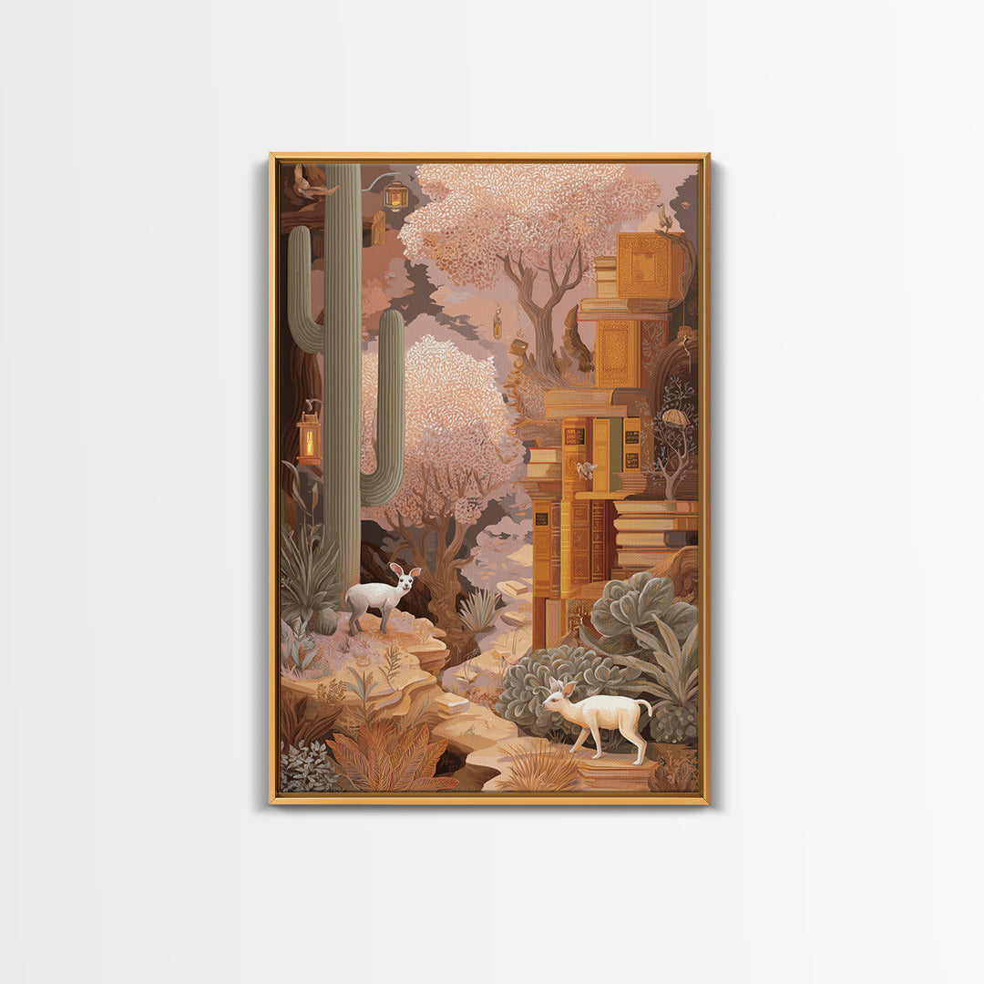 Enchanted Library with Floating Books Framed Canvas Print, Fantasy Art, Statement Artwork, Living Room Decor, Fine Art, Mythic, FAN-2x3-4