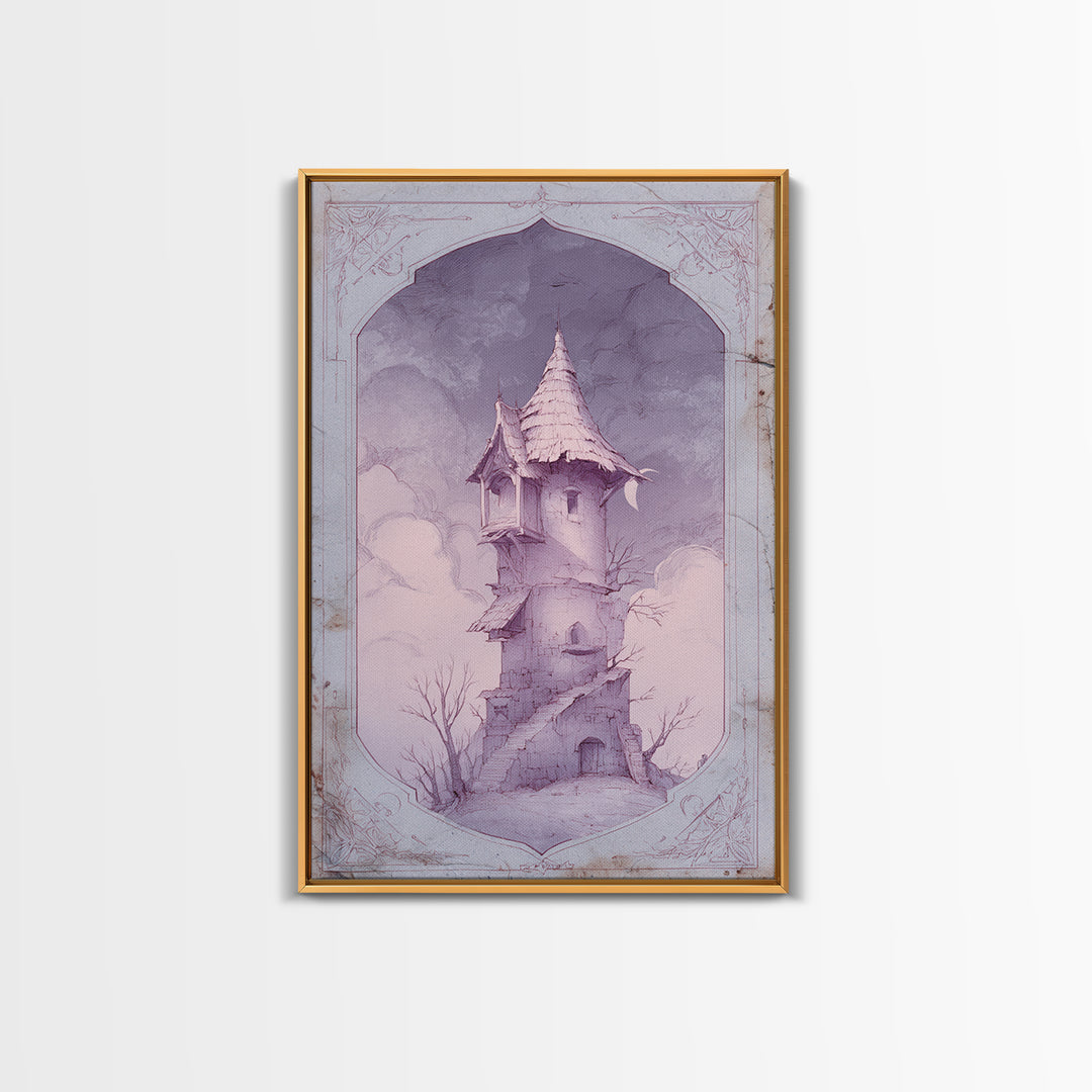 Wizard Tower under a Violet Storm Sky Framed Canvas Print, Fantasy Art, Wall Art, Living Room Decor, Fine Art, Mythic, FAN-2x3-60