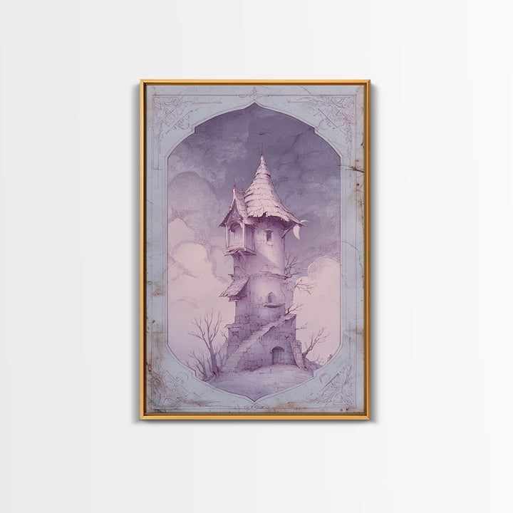 Wizard Tower under a Violet Storm Sky Framed Canvas Print, Fantasy Art, Wall Art, Living Room Decor, Fine Art, Mythic, FAN-2x3-60