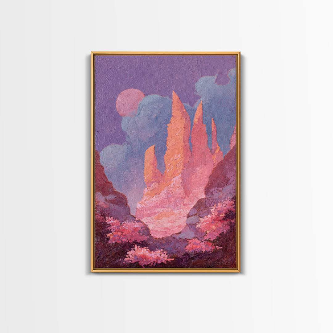 Wizard Tower under a Violet Storm Sky Framed Canvas Print, Fantasy Art, Dragon Art, Living Room Decor, Fine Art, Mythic, FAN-2x3-84