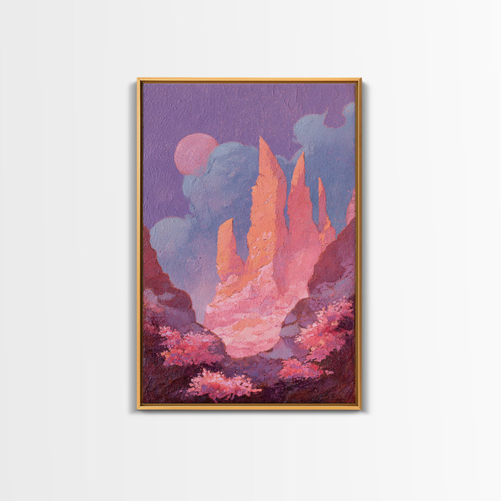 Wizard Tower under a Violet Storm Sky Framed Canvas Print, Fantasy Art, Dragon Art, Living Room Decor, Fine Art, Mythic, FAN-2x3-84