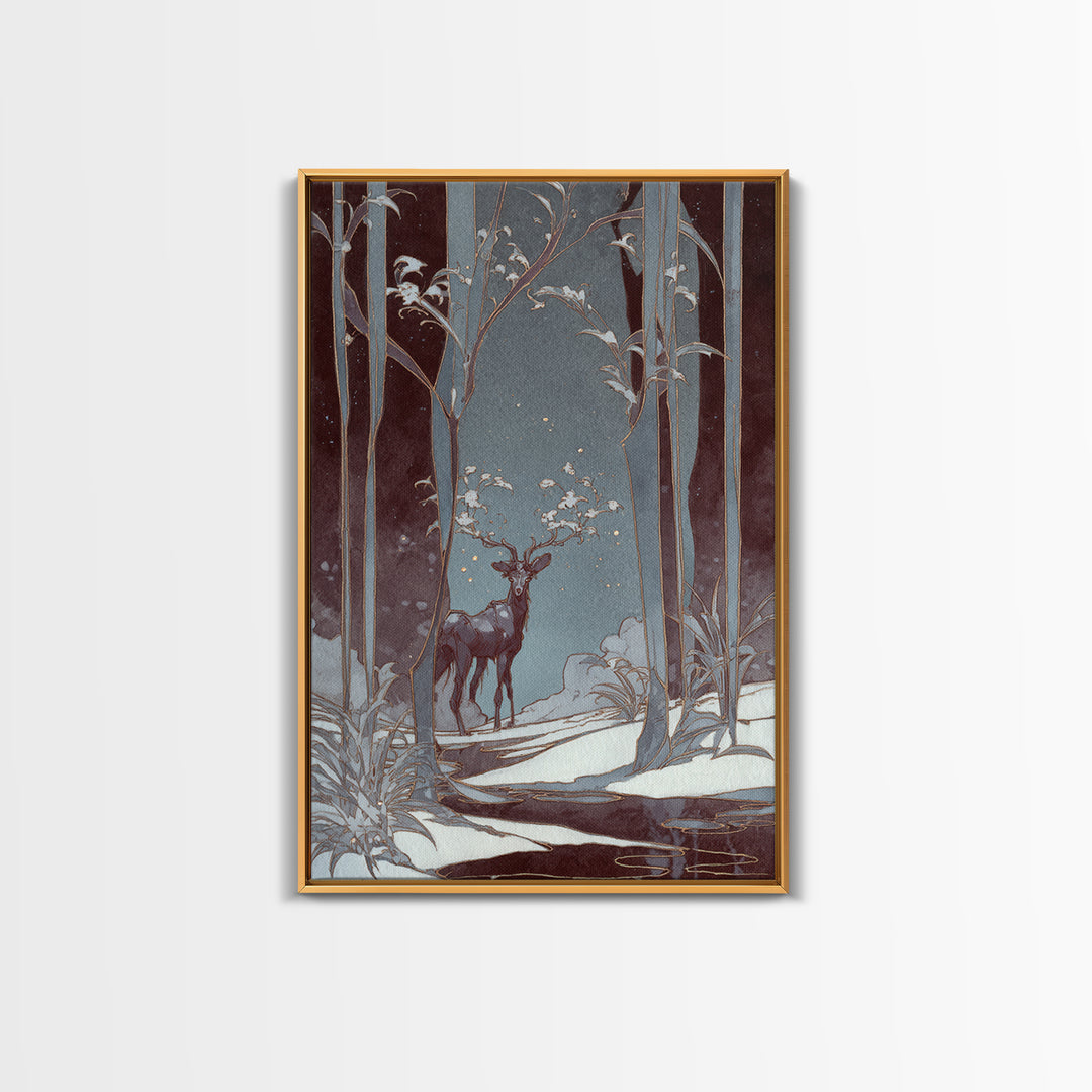 Forest Spirit with Antlers and Glowing Eyes Framed Canvas Print, Fantasy Art, Gallery Decor, Living Room Decor, Mythic, FAN-2x3-92