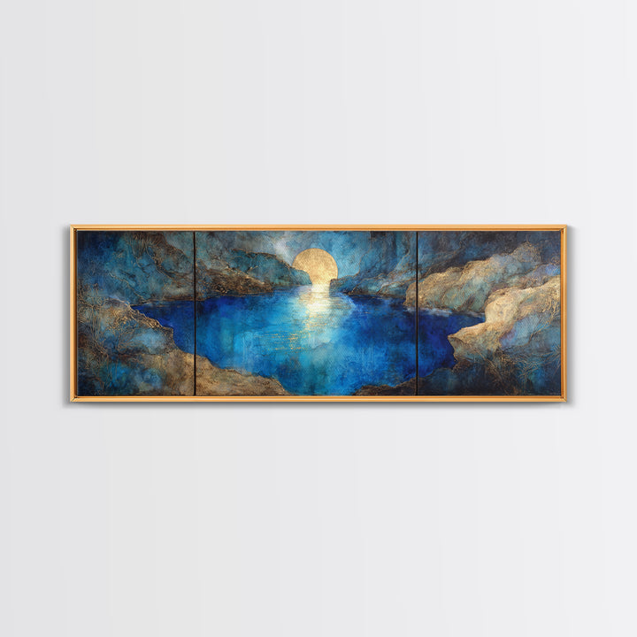 Crystal Cave with Luminous Blue Reflections Canvas Print, Fantasy Art, Art Print, Living Room Decor, Oil Painting, Mythic, FAN-3x1-70