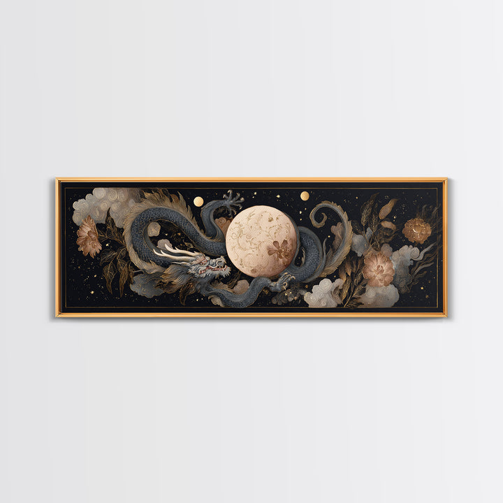 Celestial Dragon Wrapped Around a Moon Canvas Print, Fantasy Art, Art, Living Room Decor, Fine Art, Mythic, Watercolor Painting, FAN-3x1-78