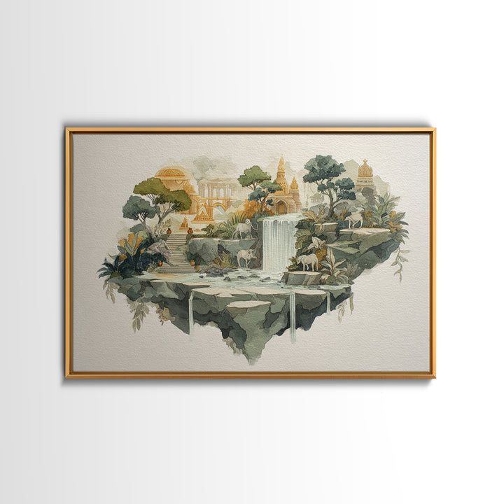 Floating Island with Waterfalls and Ancient Ruins Canvas Print, Fantasy Art, Fantasy Art Print, Living Room Decor, Mythic, FAN-3x2-79