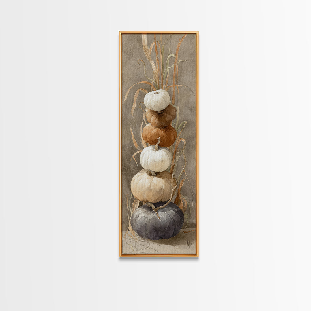 Pumpkins Stacked on a Wooden Crate Canvas Print, Farmhouse Art, Landscape Painting, Farmhouse Decor, Watercolor Art, Harvest, FAR-1x3-1
