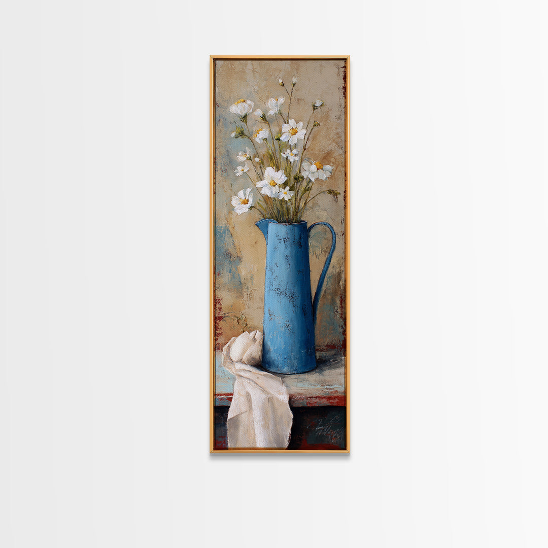 Blue Enamel Pitcher Canvas Print, Farmhouse Art, Sage Green Wall Art, Farmhouse Decor, Oil Painting, Harvest, Gallery Decor, FAR-1x3-100