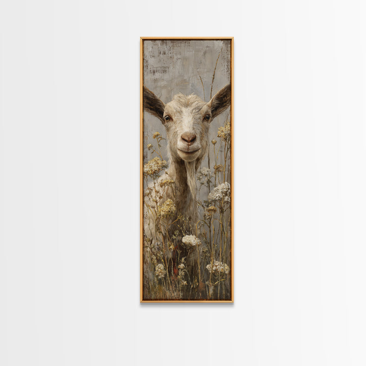 Goat Portrait with Playful Expression Framed Canvas Print, Farmhouse Art, Landscape Painting, Farmhouse Decor, Oil Painting, FAR-1x3-30