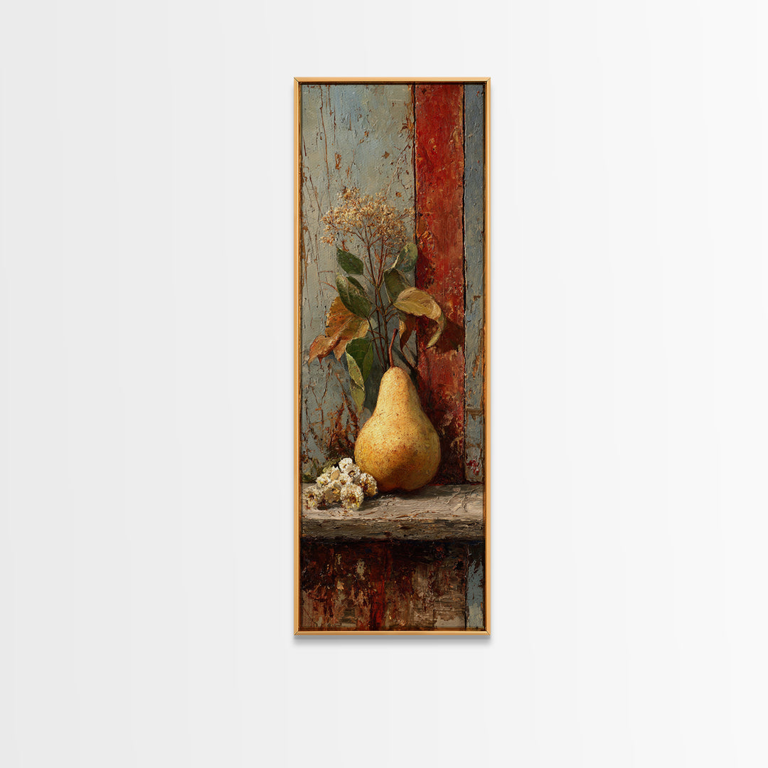 Rustic Pear Still Life on Plank Wood Framed Canvas Print, Farmhouse Art, Digital Prints, Farmhouse Decor, Watercolor Art, FAR-1x3-31