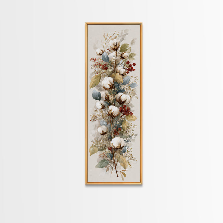 Farmhouse Wreath of Cotton Stems and Eucalyptus Canvas Print, Farmhouse Art, Textured Painting, Farmhouse Decor, Harvest, FAR-1x3-32