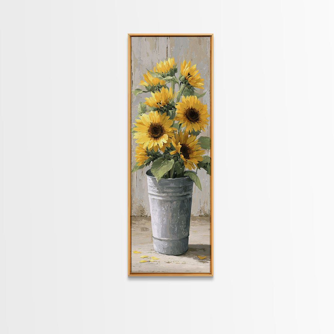 Sunflowers in a Galvanized Metal Bucket Canvas Print, Farmhouse Art, Digital Art, Farmhouse Decor, Oil Painting, Harvest, FAR-1x3-39