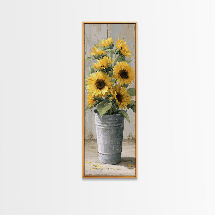 Sunflowers in a Galvanized Metal Bucket Canvas Print, Farmhouse Art, Digital Art, Farmhouse Decor, Oil Painting, Harvest, FAR-1x3-39