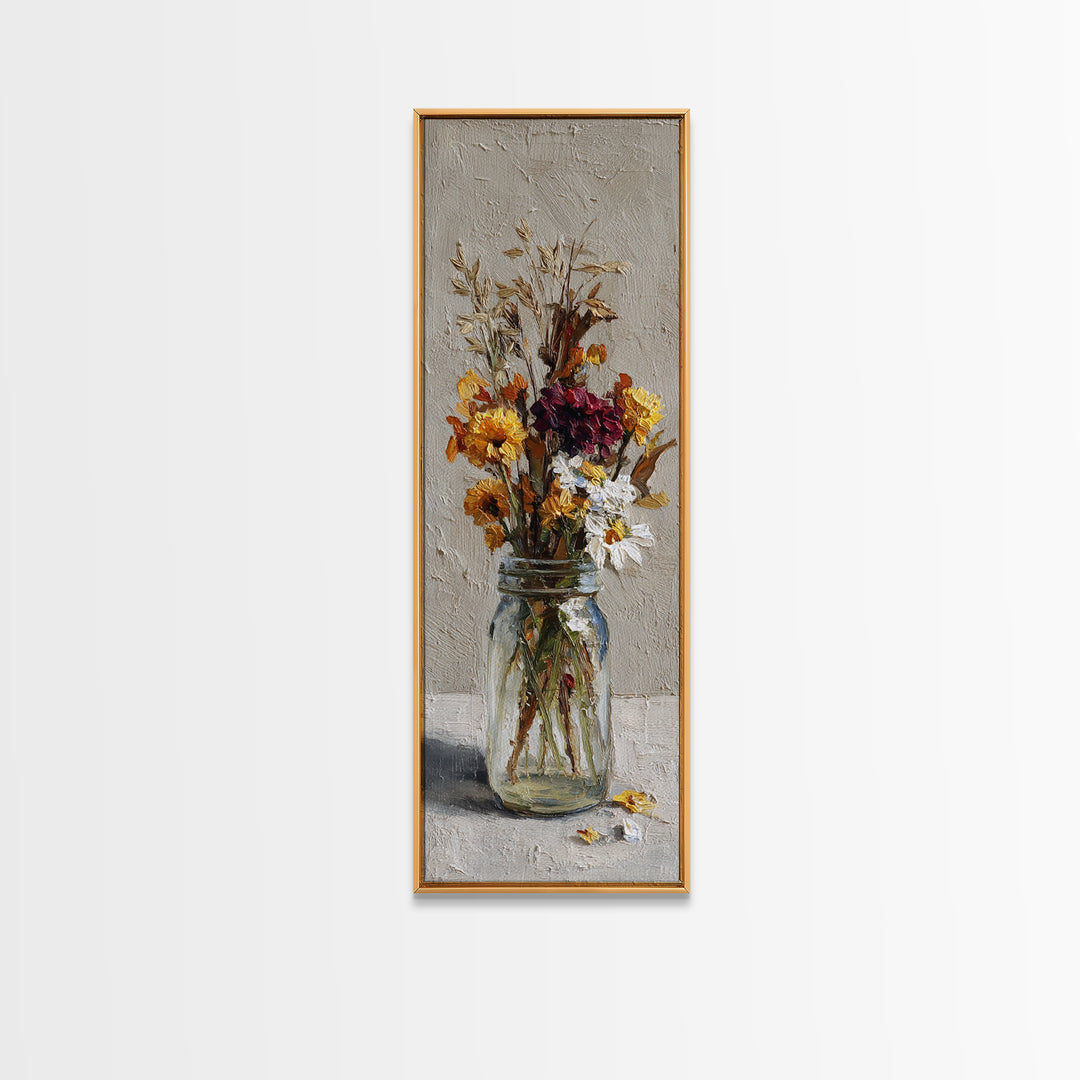 Wildflowers in a Mason Jar on Linen Canvas Print, Farmhouse Art, Printable Wall Art, Farmhouse Decor, Watercolor Art, Harvest, FAR-1x3-43