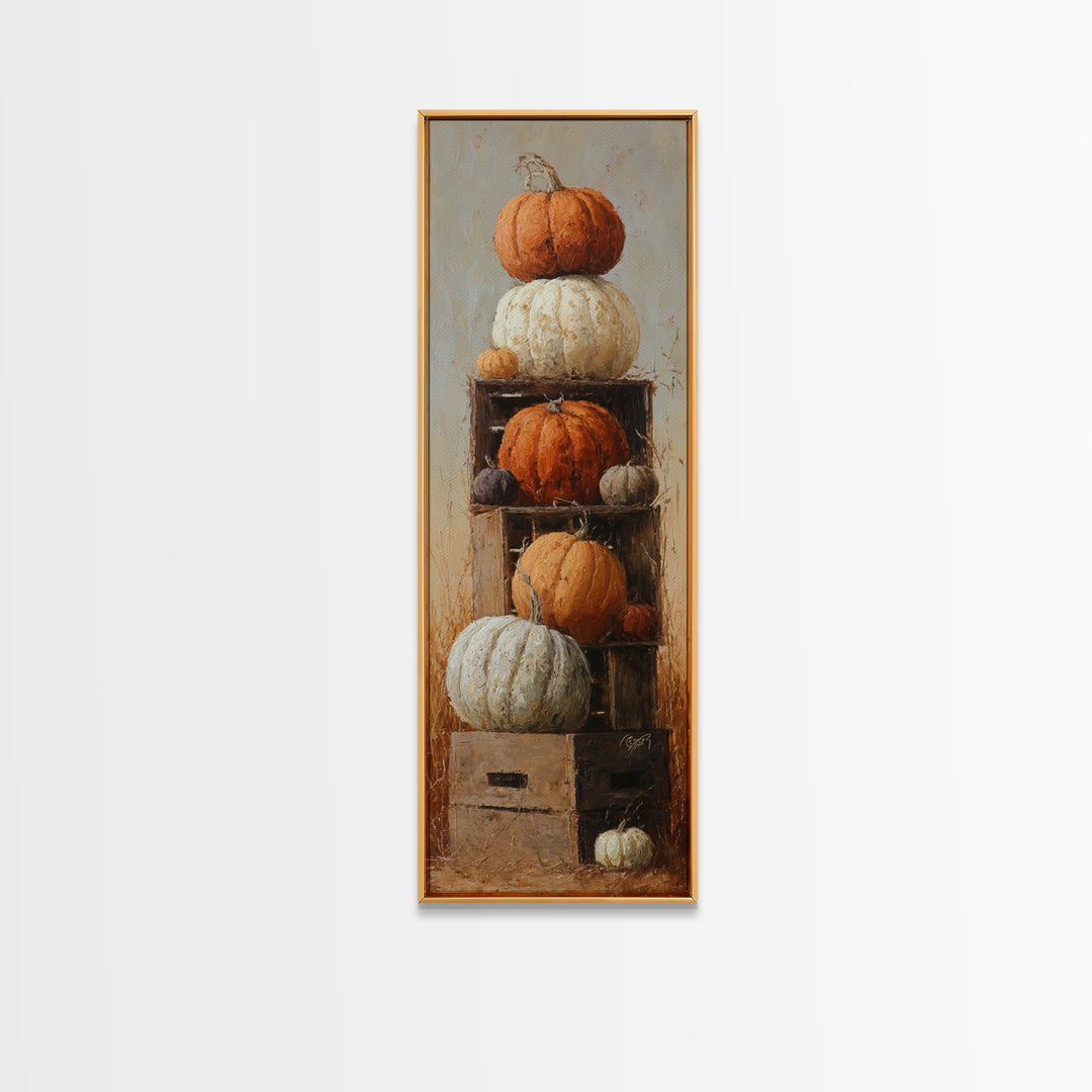 Pumpkins Stacked on a Wooden Crate Canvas Print, Farmhouse Art, Gallery Wall, Farmhouse Decor, Fine Art, Harvest, Art Print, FAR-1x3-49