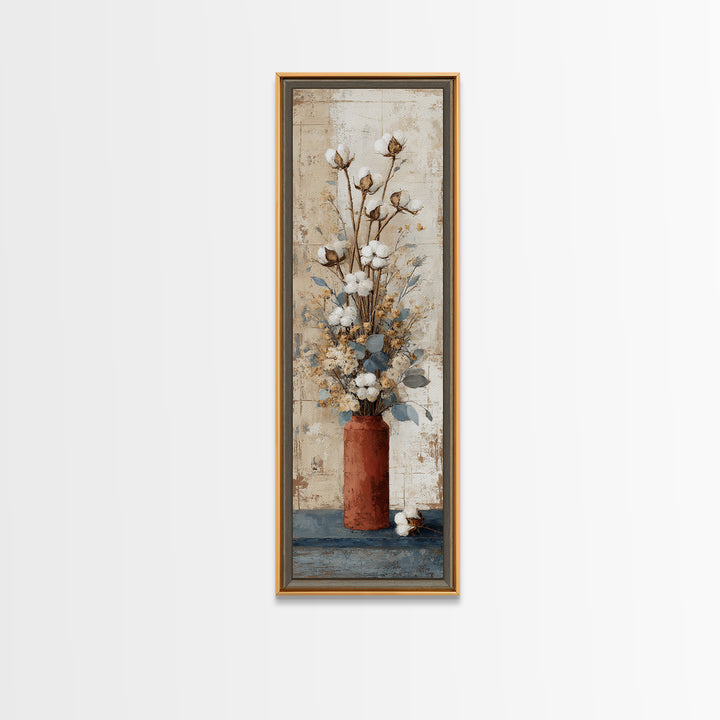 Farmhouse Wreath of Cotton Stems and Eucalyptus Framed Canvas Print, Farmhouse Art, Farmhouse Decor, Fine Art, Harvest, FAR-1x3-80