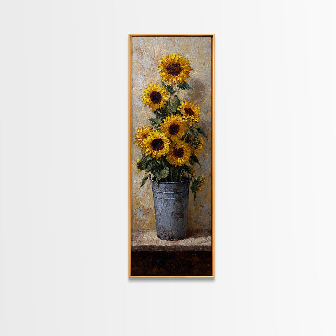 Sunflowers in a Galvanized Metal Bucket Framed Canvas Print, Farmhouse Art, Landscape Painting, Farmhouse Decor, Harvest, FAR-1x3-87