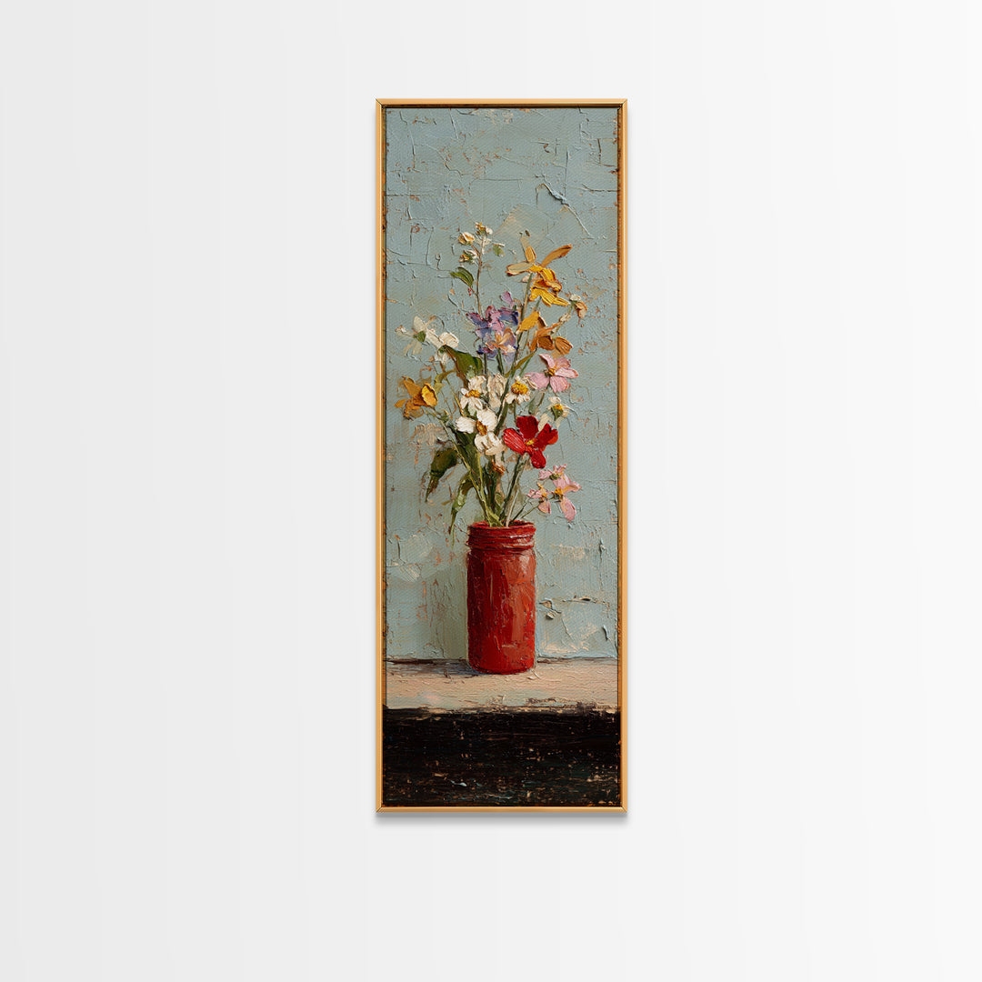 Wildflowers in a Mason Jar on Linen Framed Canvas Print, Farmhouse Art, Farmhouse Wall Art, Farmhouse Decor, Fine Art, Harvest, FAR-1x3-91