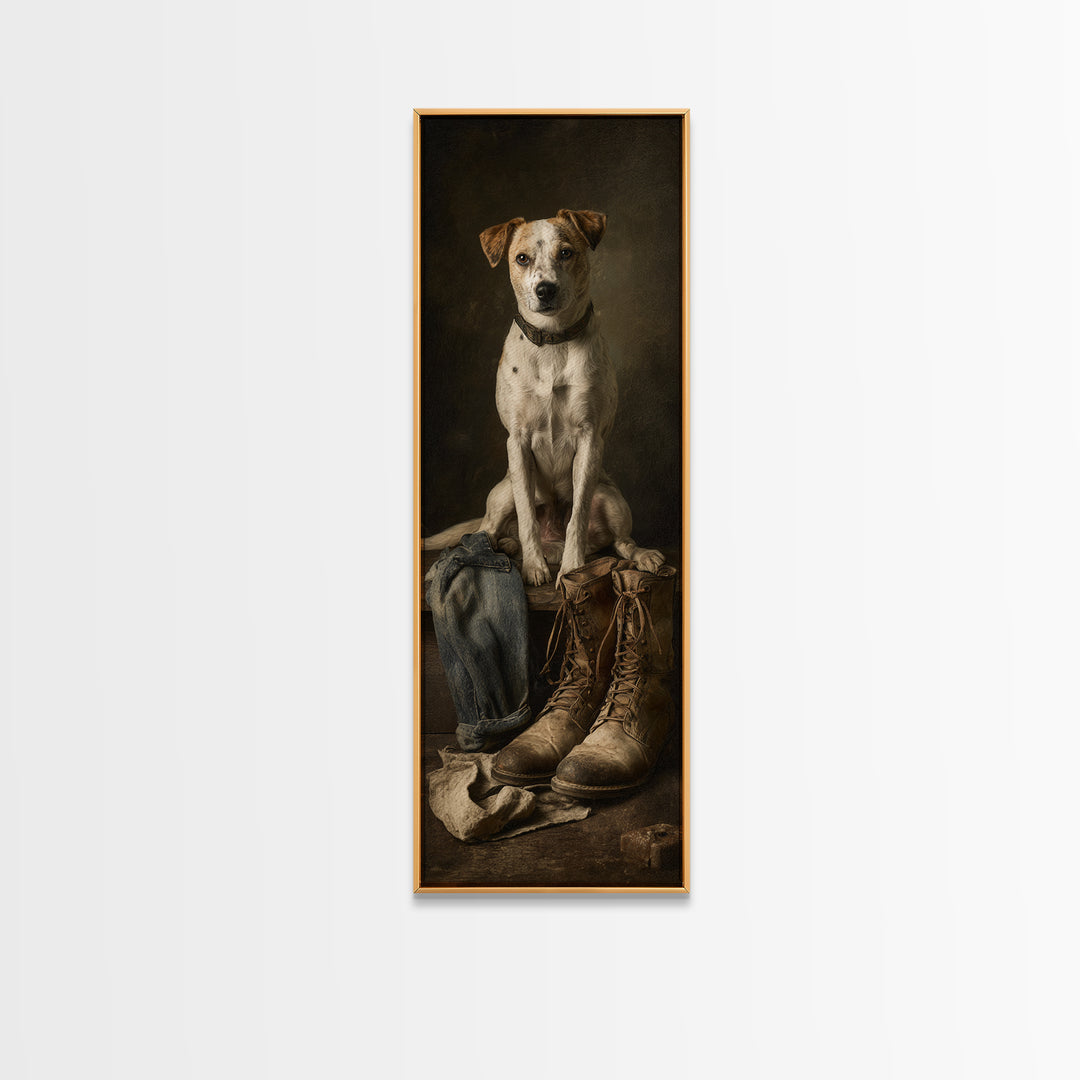 Farm Dog Lying Beside Weathered Boots Canvas Print, Farmhouse Art, Minimalist Decor, Farmhouse Decor, Fine Art, Harvest, FAR-1x3-93