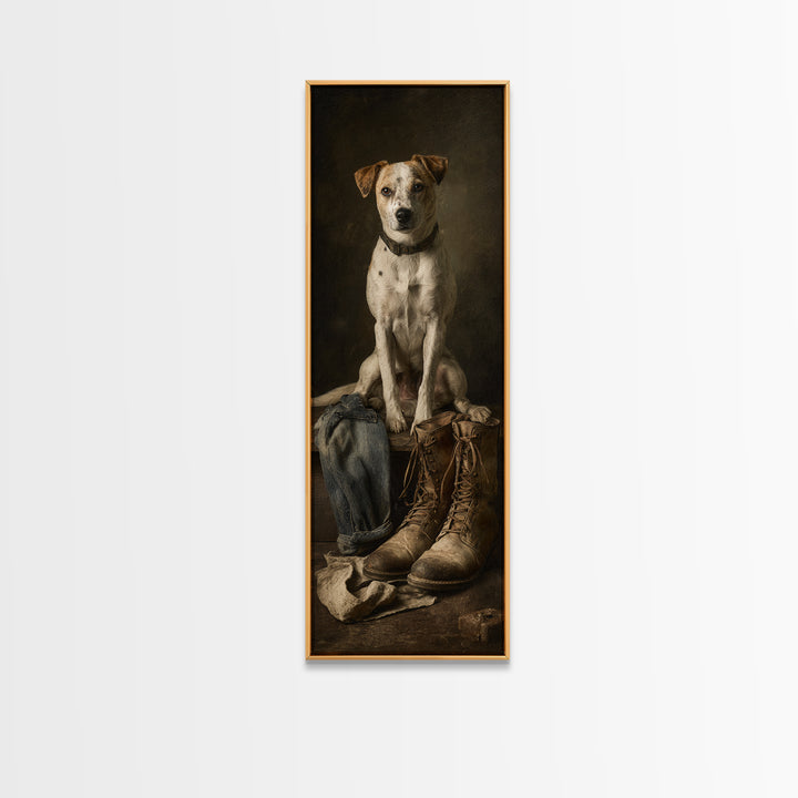 Farm Dog Lying Beside Weathered Boots Canvas Print, Farmhouse Art, Minimalist Decor, Farmhouse Decor, Fine Art, Harvest, FAR-1x3-93