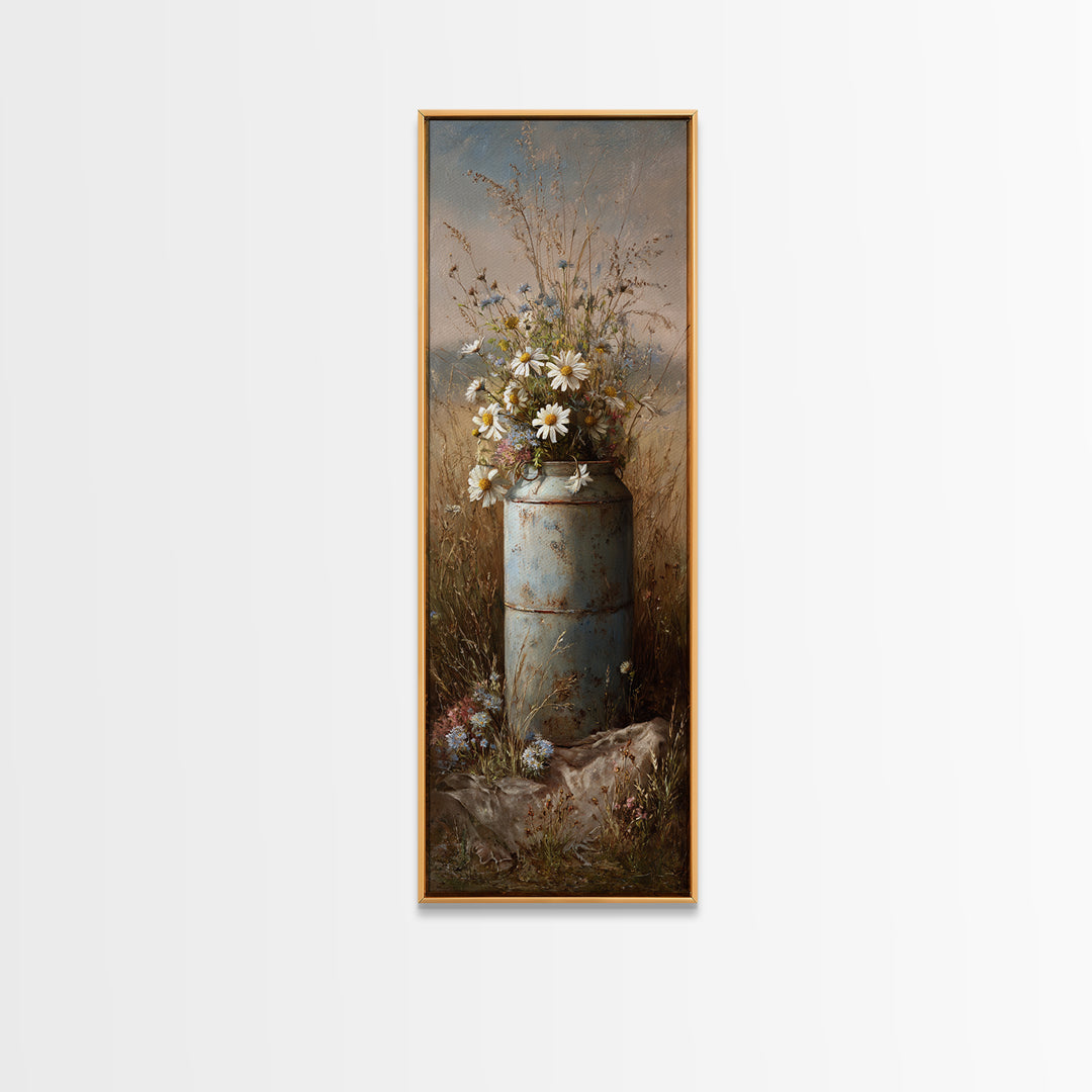 Old Milk Can Framed Canvas Print, Farmhouse Art, Watercolor Painting, Farmhouse Decor, Abstract Art, Harvest, Botanical Art, FAR-1x3-96