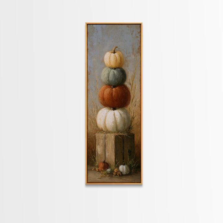 Pumpkins Stacked on a Wooden Crate Canvas Print, Farmhouse Art, Landscape Art, Farmhouse Decor, Oil Painting, Harvest, FAR-1x3-97