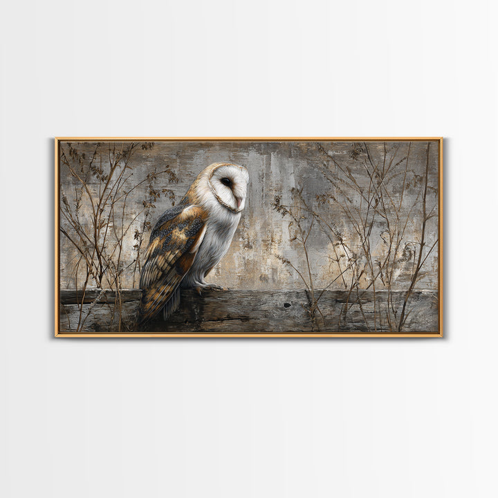 Barn Owl Perched on Aged Wood Framed Canvas Print, Farmhouse Art, Gallery Wall, Farmhouse Decor, Fine Art, Harvest, Art Print, FAR-2x1-19
