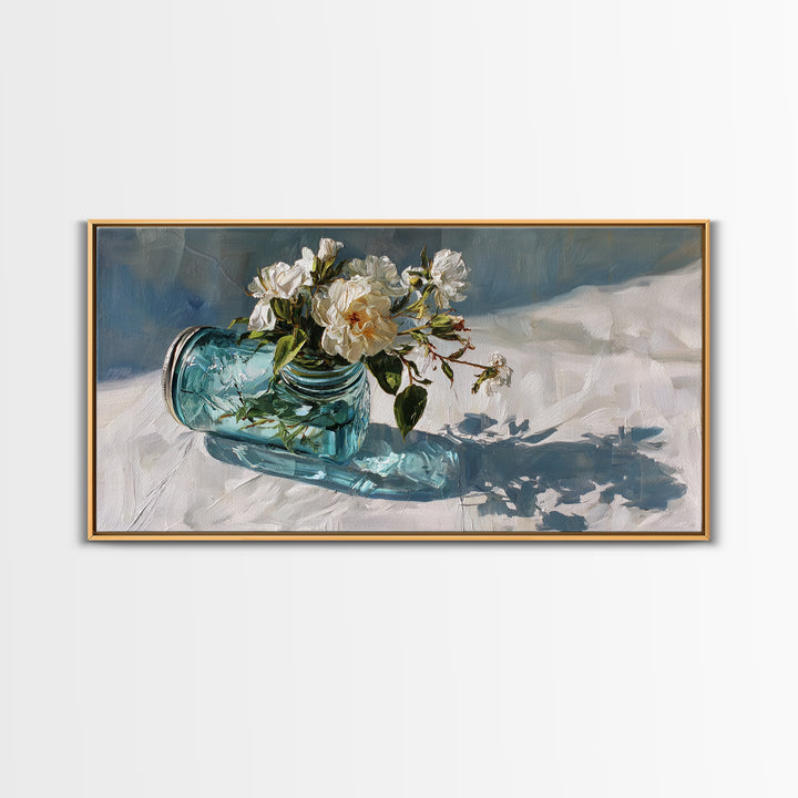 Wildflowers in a Mason Jar on Linen Framed Canvas Print, Farmhouse Art, Digital Print, Farmhouse Decor, Oil Painting, Harvest, FAR-2x1-3