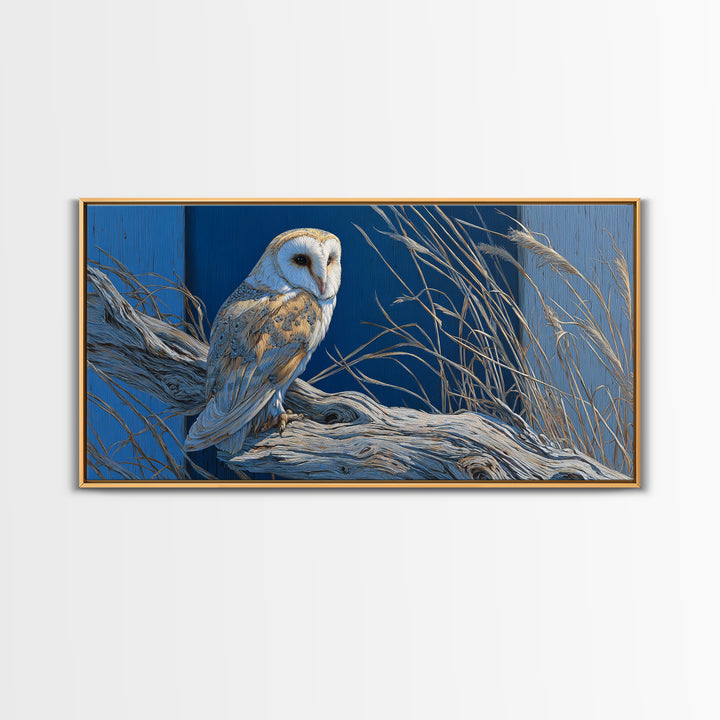 Barn Owl Perched on Aged Wood Framed Canvas Print, Farmhouse Art, Digital Prints, Farmhouse Decor, Fine Art, Harvest, FAR-2x1-43
