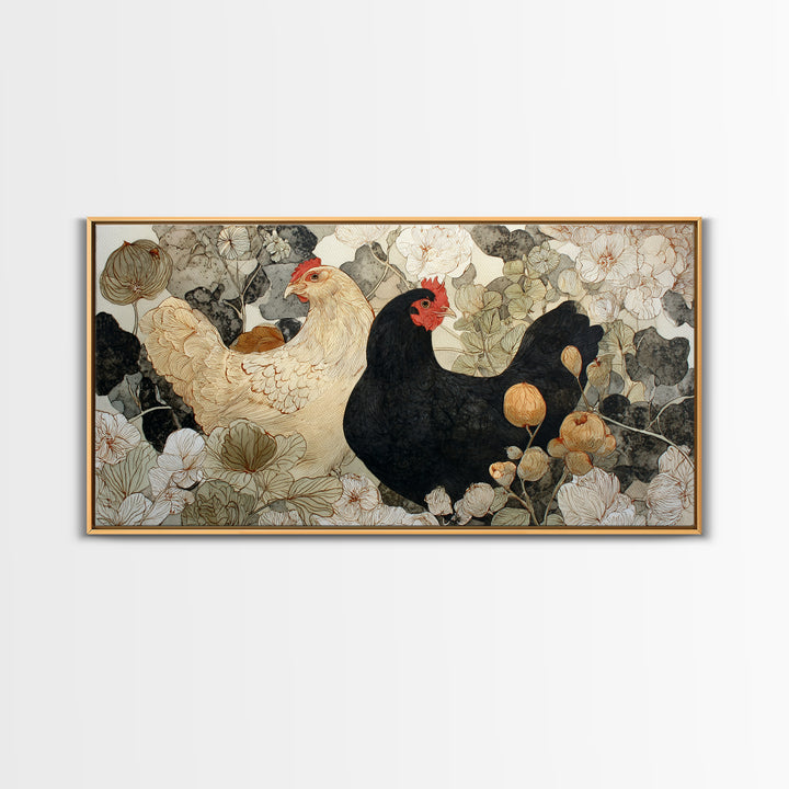 Chicken Family in a Garden Patch Framed Canvas Print, Farmhouse Art, Black Wall Art, Farmhouse Decor, Watercolor Art, Harvest, FAR-2x1-59