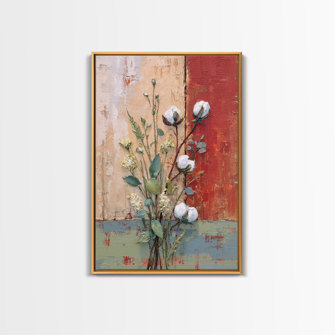 Farmhouse Wreath of Cotton Stems and Eucalyptus Framed Canvas Print, Farmhouse Art, Art Print, Farmhouse Decor, Harvest, FAR-2x3-100