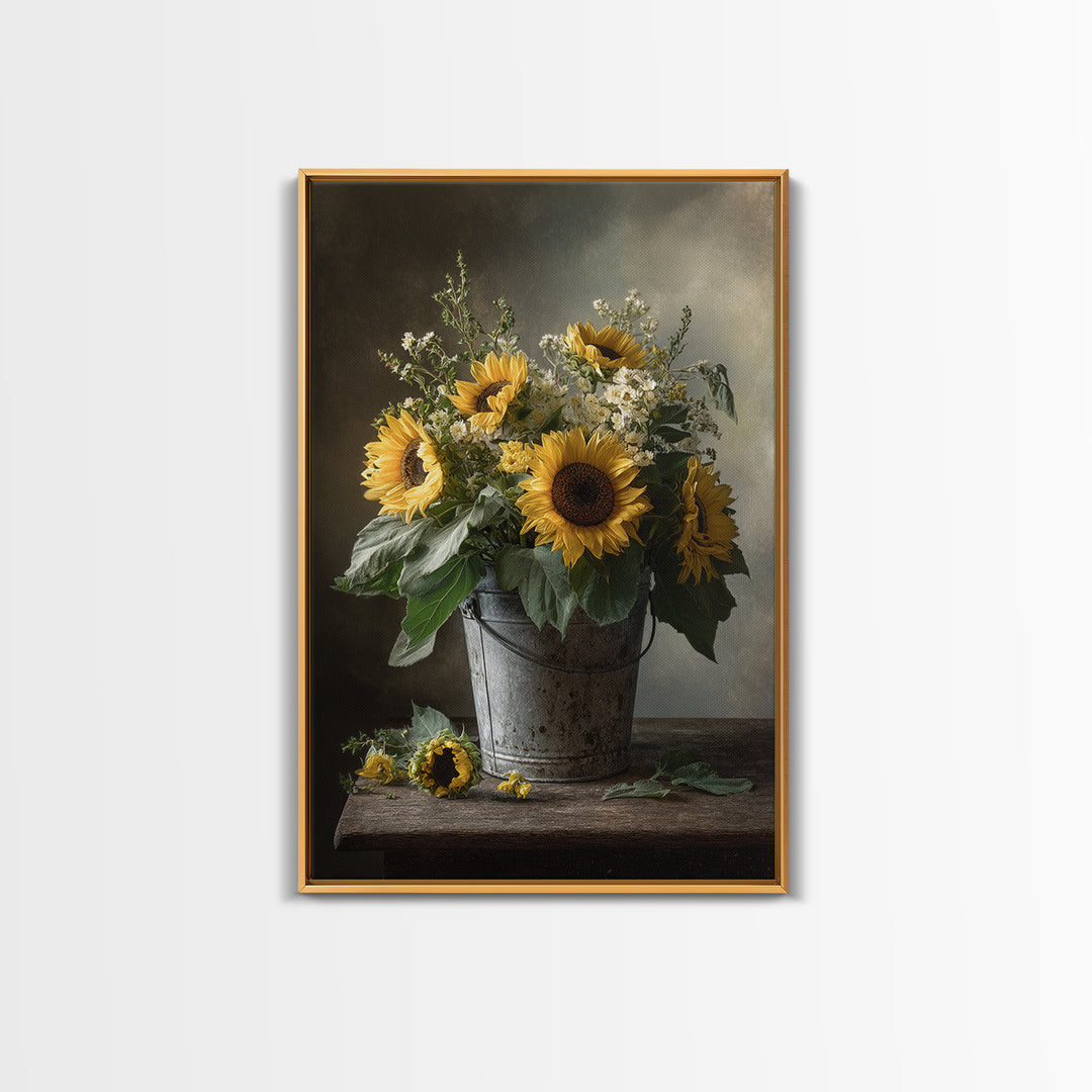 Sunflowers in a Galvanized Metal Bucket Canvas Print, Farmhouse Art, Botanical Art, Farmhouse Decor, Fine Art, Harvest, FAR-2x3-11