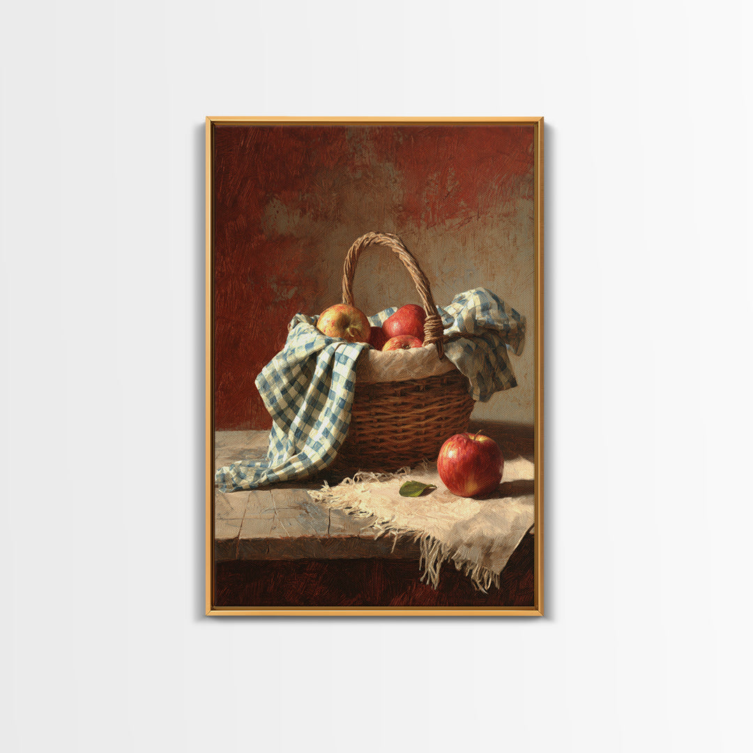 Apple Basket with Gingham Cloth Framed Canvas Print, Farmhouse Art, Neutral Decor, Farmhouse Decor, Fine Art, Harvest, FAR-2x3-19