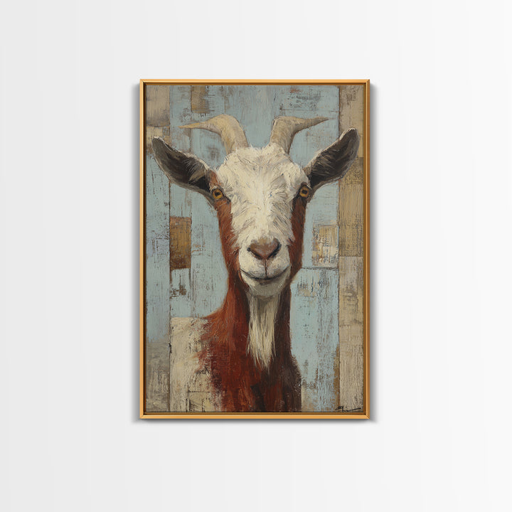 Goat Portrait with Playful Expression Framed Canvas Print, Farmhouse Art, Boho Decor, Farmhouse Decor, Fine Art, Harvest, FAR-2x3-2