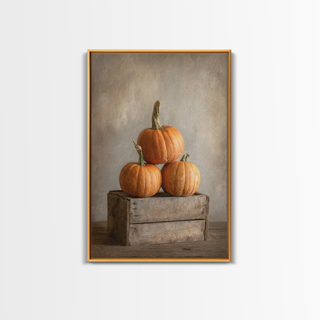 Pumpkins Stacked on a Wooden Crate Framed Canvas Print, Farmhouse Art, Contemporary Art, Farmhouse Decor, Oil Painting, Harvest, FAR-2x3-21