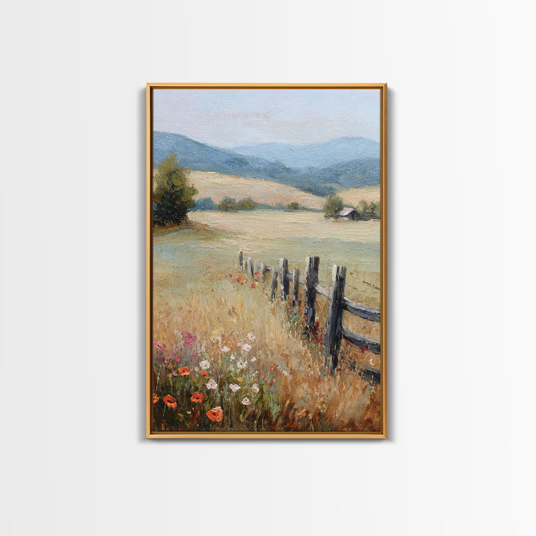 Country Landscape with Fence and Rolling Hills Framed Canvas Print, Farmhouse Art, Textured Painting, Farmhouse Decor, Harvest, FAR-2x3-22
