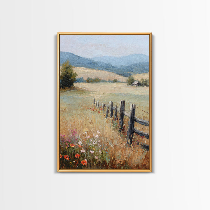 Country Landscape with Fence and Rolling Hills Framed Canvas Print, Farmhouse Art, Textured Painting, Farmhouse Decor, Harvest, FAR-2x3-22