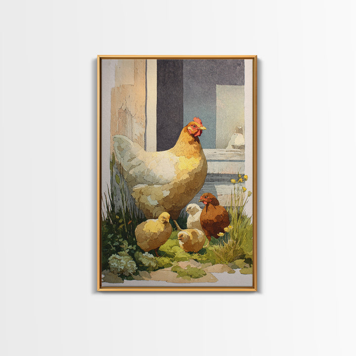 Chicken Family in a Garden Patch Canvas Print, Farmhouse Art, Art Print, Farmhouse Decor, Fine Art, Harvest, Digital Art, FAR-2x3-23
