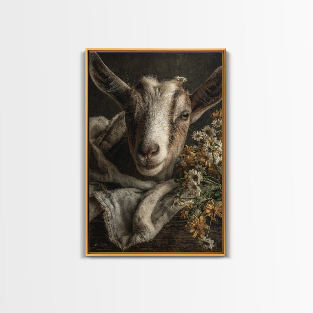 Goat Portrait with Playful Expression Framed Canvas Print, Farmhouse Art, Boho Decor, Farmhouse Decor, Fine Art, Harvest, FAR-2x3-26
