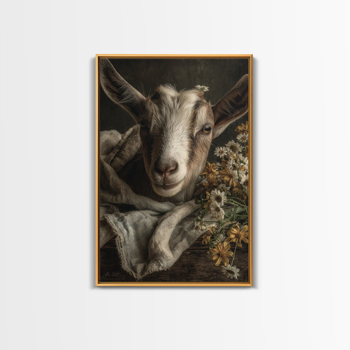Goat Portrait with Playful Expression Framed Canvas Print, Farmhouse Art, Boho Decor, Farmhouse Decor, Fine Art, Harvest, FAR-2x3-26