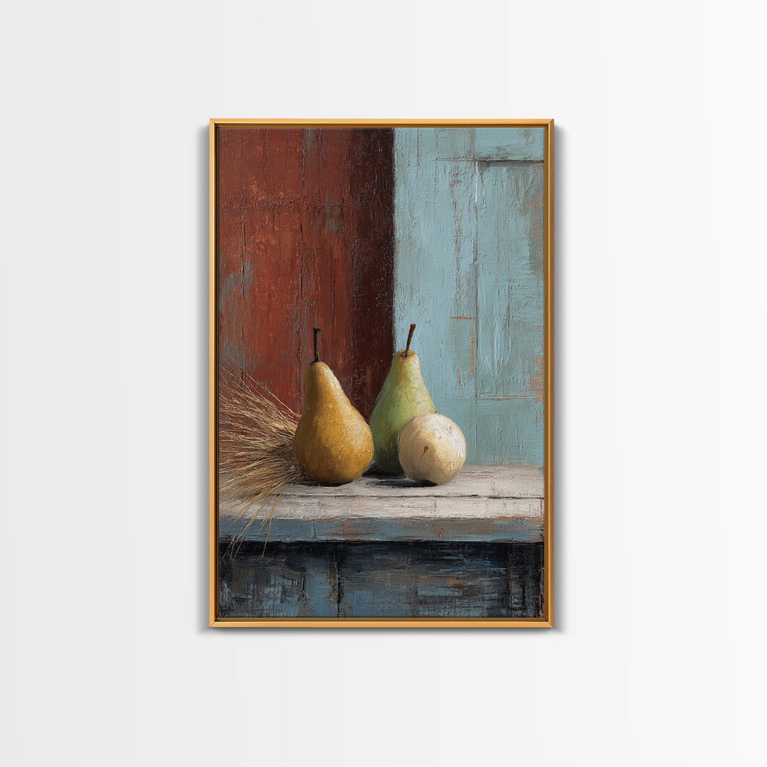 Rustic Pear Still Life on Plank Wood Framed Canvas Print, Farmhouse Art, Landscape Art, Farmhouse Decor, Fine Art, Harvest, FAR-2x3-3