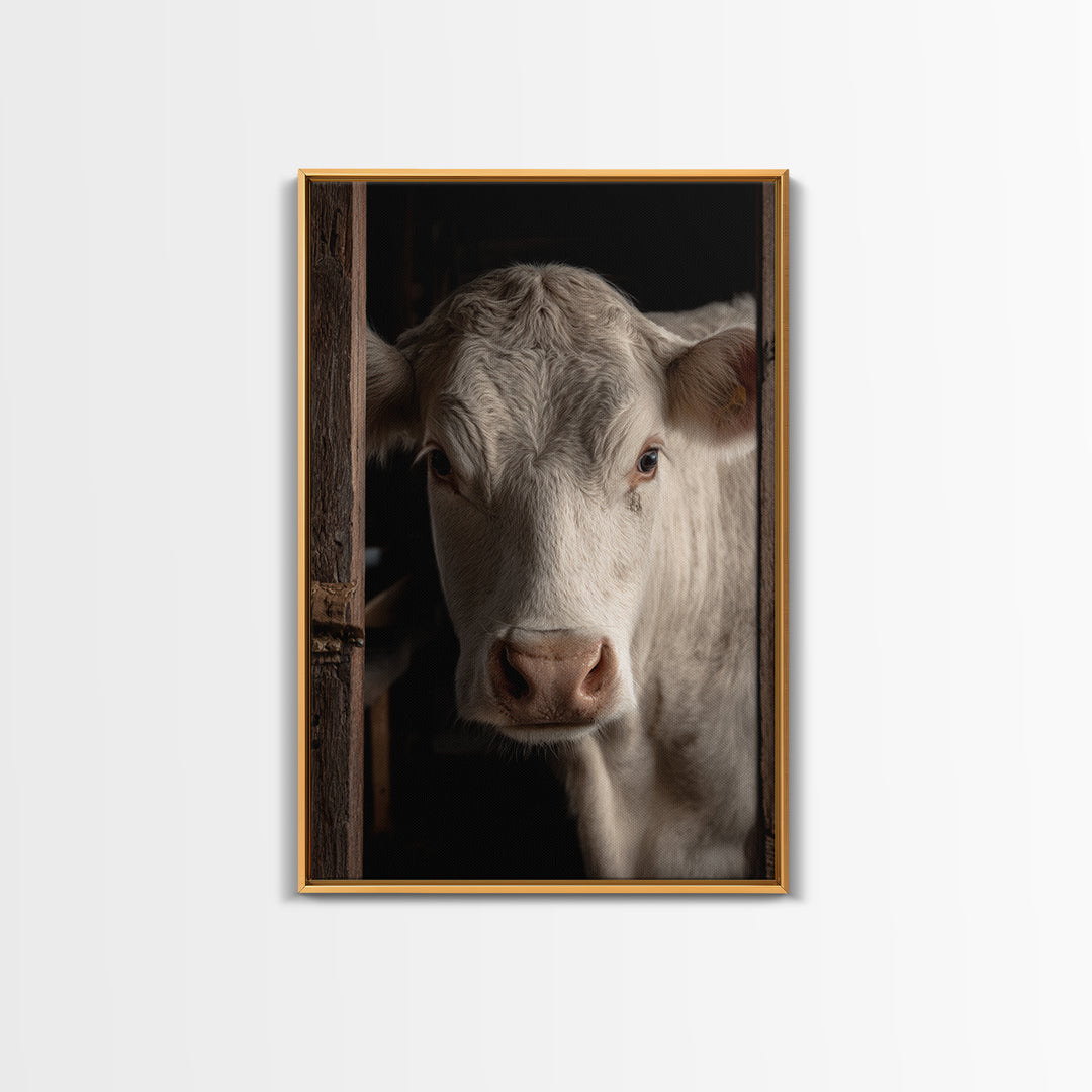 White Cow Portrait Framed Canvas Print, Farmhouse Art, Printable Wall Art, Farmhouse Decor, Fine Art, Harvest, Black Wall Art, FAR-2x3-33
