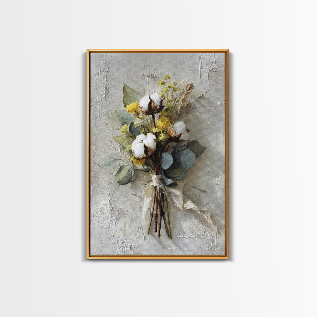 Farmhouse Wreath of Cotton Stems and Eucalyptus Canvas Print, Farmhouse Art, Statement Artwork, Farmhouse Decor, Harvest, FAR-2x3-4