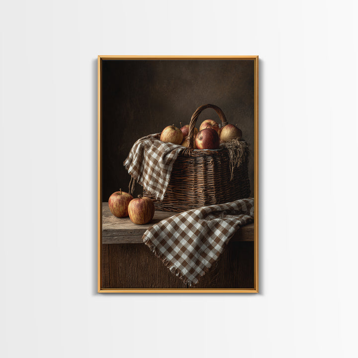 Apple Basket with Gingham Cloth Framed Canvas Print, Farmhouse Art, Contemporary Art, Farmhouse Decor, Fine Art, Harvest, FAR-2x3-43