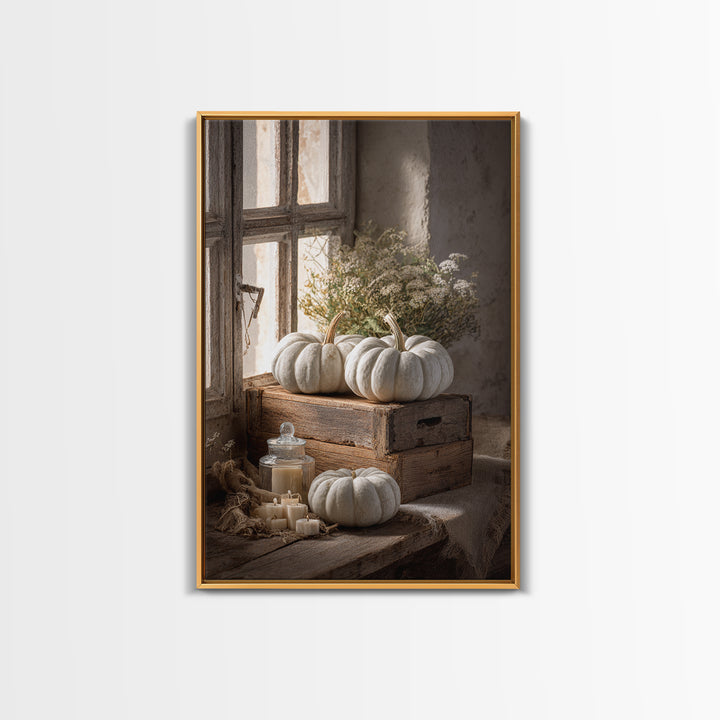 Pumpkins Stacked on a Wooden Crate Canvas Print, Farmhouse Art, Digital Prints, Farmhouse Decor, Harvest, Watercolor Painting, FAR-2x3-45