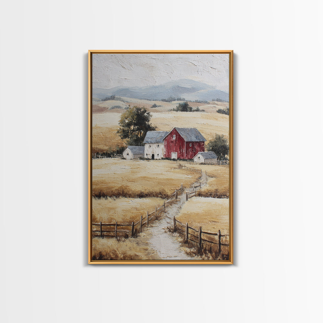Country Landscape with Fence and Rolling Hills Framed Canvas Print, Farmhouse Art, Textured Painting, Farmhouse Decor, Harvest, FAR-2x3-46